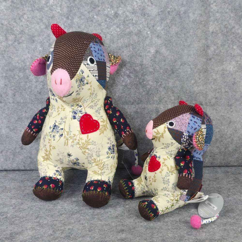 Nook Nook Patchwork‎ Cow Set Multicolor Handmade Whimsical Decor Heart Plush NWT
